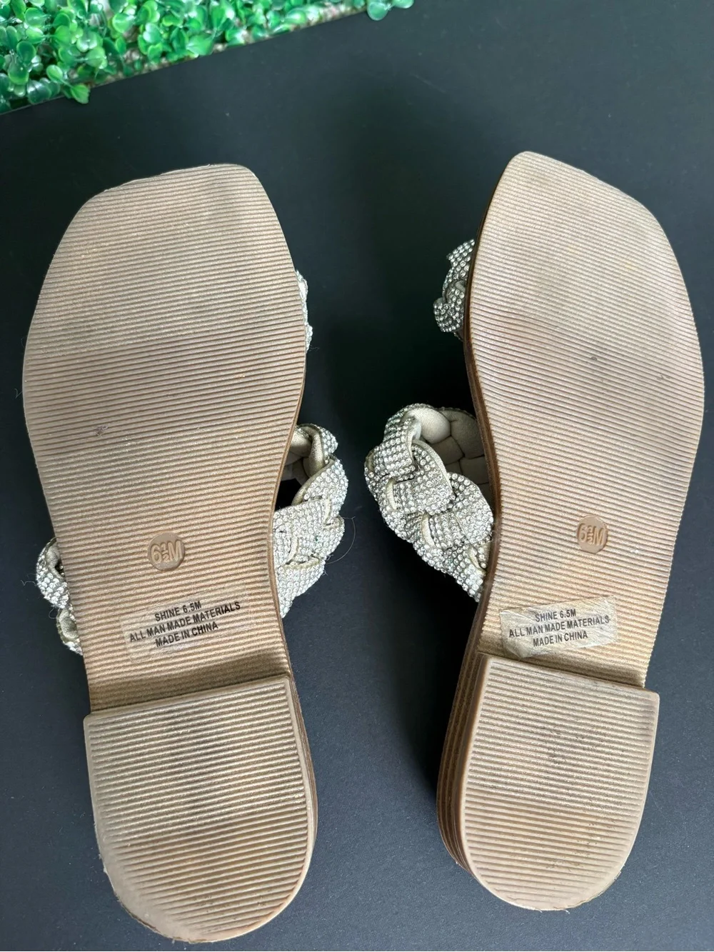 Sincerely Jules Braided Rhinestone Double-Strap Slip on Sandals - Silver on Tan